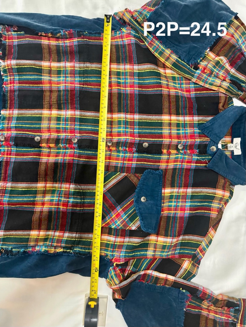 easel Multicolor Plaid Button-Down Shacket with Blue Corduroy Trim - Picture 8 of 10